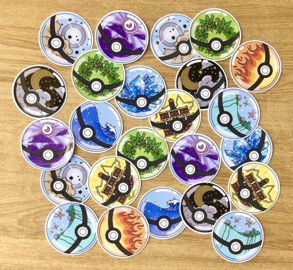 stickers Pokéball par éléments : Feu, Eau, Plante, Gel, Psy, Fée, Ténèbres, Electrique, Normal Pokémon