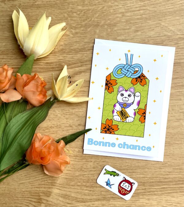 Carte de voeux Bonne Chance Maneki neko Omamori - collection Asia Mania