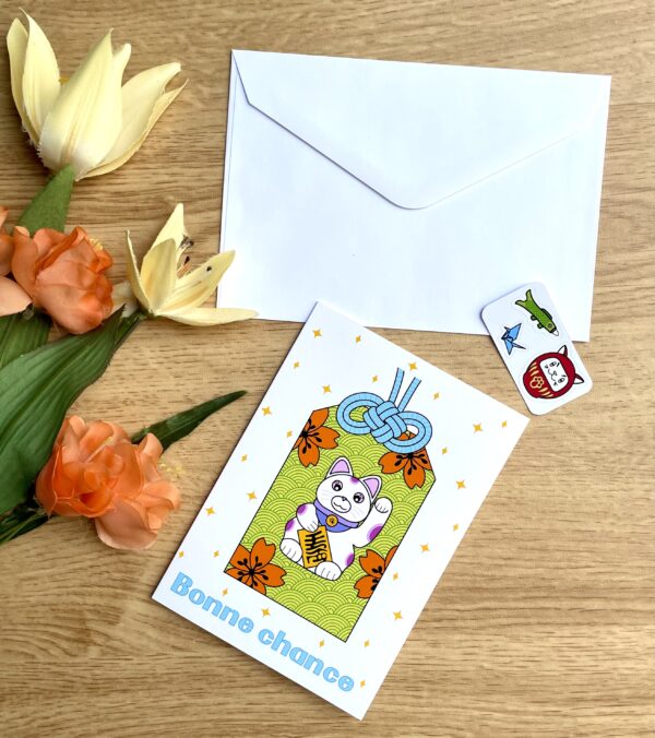 Carte de voeux Bonne Chance Maneki neko Omamori - collection Asia Mania