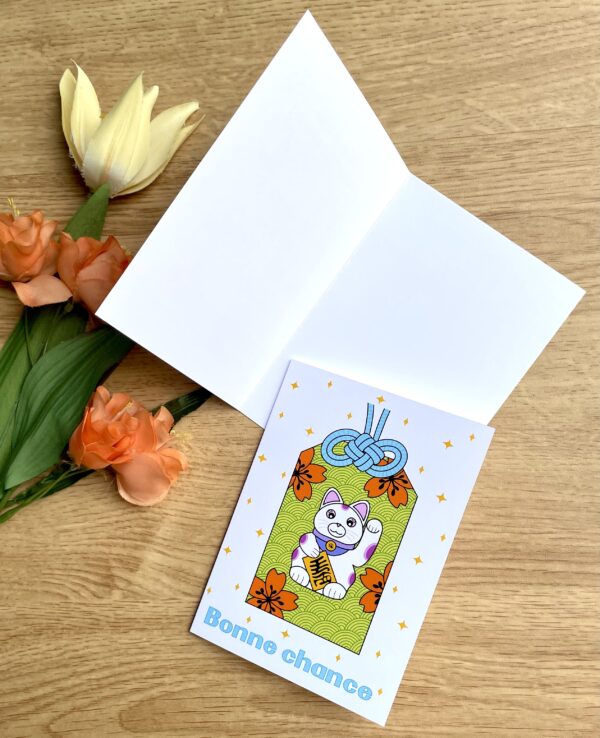 Carte de voeux Bonne Chance Maneki neko Omamori - collection Asia Mania