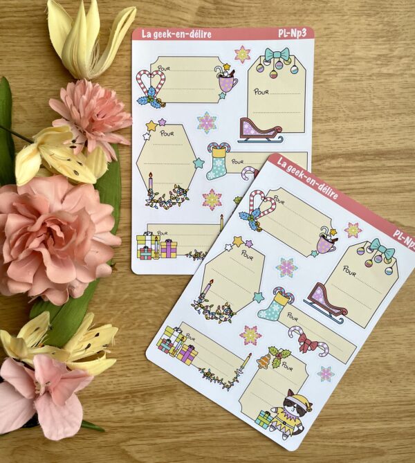 Planches de stickers Etiquettes cadeaux de Noël rectangulaires - Collection Noël Pastel