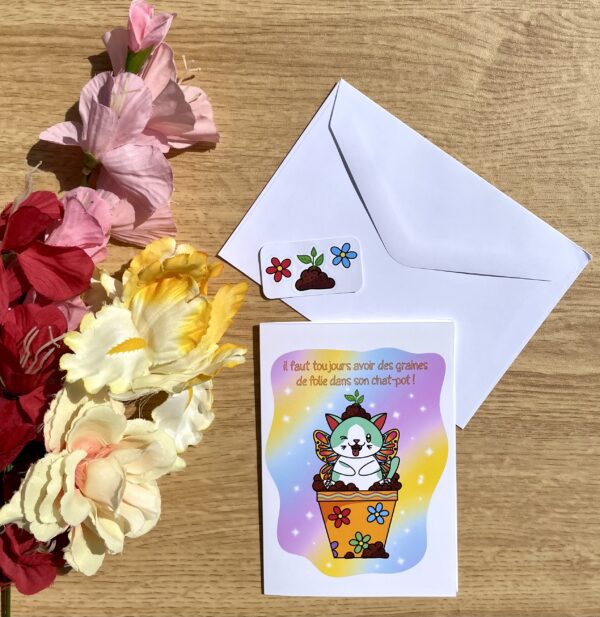 Carte de voeux Chat-pot - Collection Féerie florale