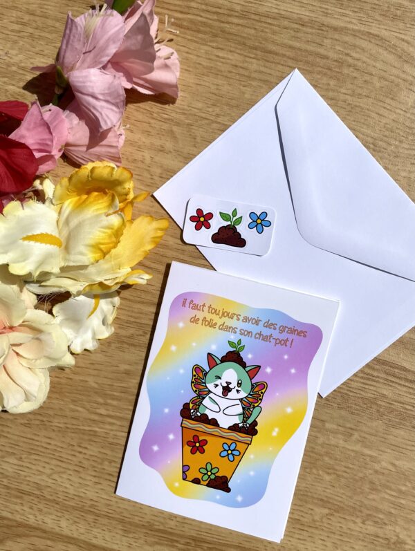 Carte de voeux Chat-pot - Collection Féerie florale