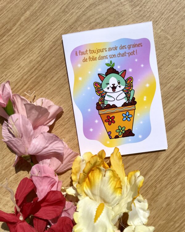 Carte de voeux Chat-pot - Collection Féerie florale